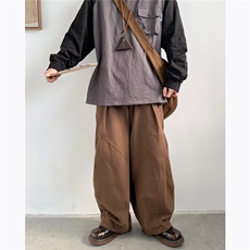 宽松型翻领2024新款春季多褶裤休闲裤文艺风拼接宽松纯色男，男装休闲裤，星座716-2