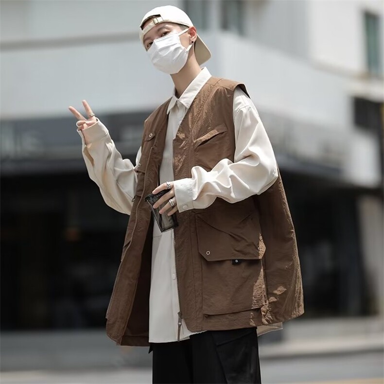 日系宽松工装马甲多口袋户外机能男女生阿美咔叽露营战术背心,男装背心/马甲,星座716-2