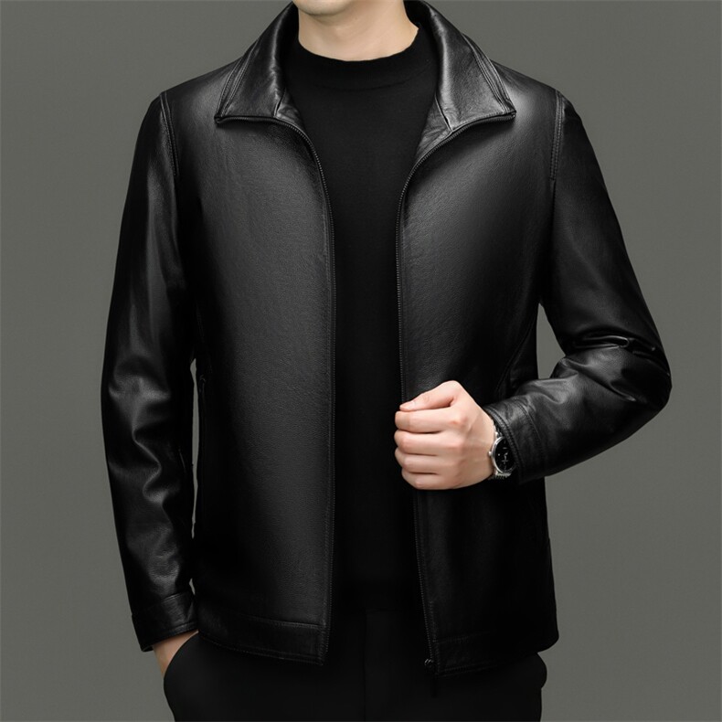 BG21389海宁男式牛皮真皮皮衣男可脱卸白鸭绒内胆翻领修身夹克，男装皮衣，电商B360