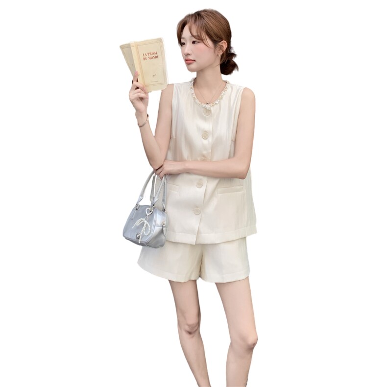 名媛小香风无袖马甲套装女2025年夏季新款气质高腰阔腿短裤两件套,女装套装/套裙,2C176
