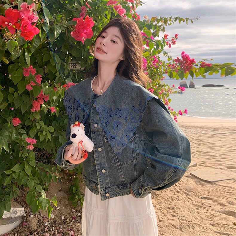 刺绣娃娃领牛仔外套女春秋2025新款超火爆款韩系短款小个子流行,女装短外套,2D041