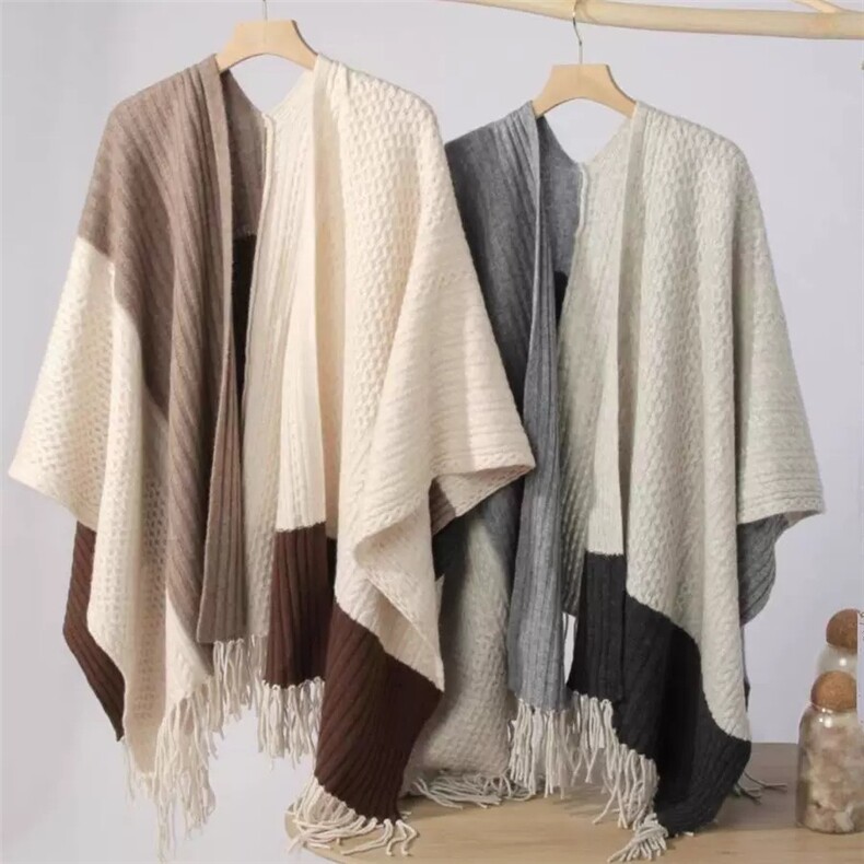2025年秋季秋冬季拼色流苏加厚披肩，披肩，聚奥羊绒