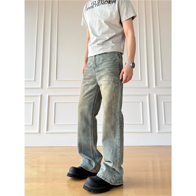 美式做旧男女同款春秋季cleanfit磨边脏色复古蓝色微喇牛仔裤子，男装牛仔裤，星座1210-1