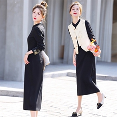 新中式连衣裙2025春新款高级感小香风气质马甲黑色长袖打底套装裙，女装套装/套裙，奕薇雅