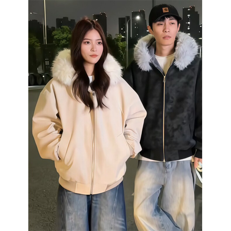 可拆毛领皮衣棉服男女款冬季加棉棒球服外套美式高级感棉衣夹克,男装夹克,星座506A