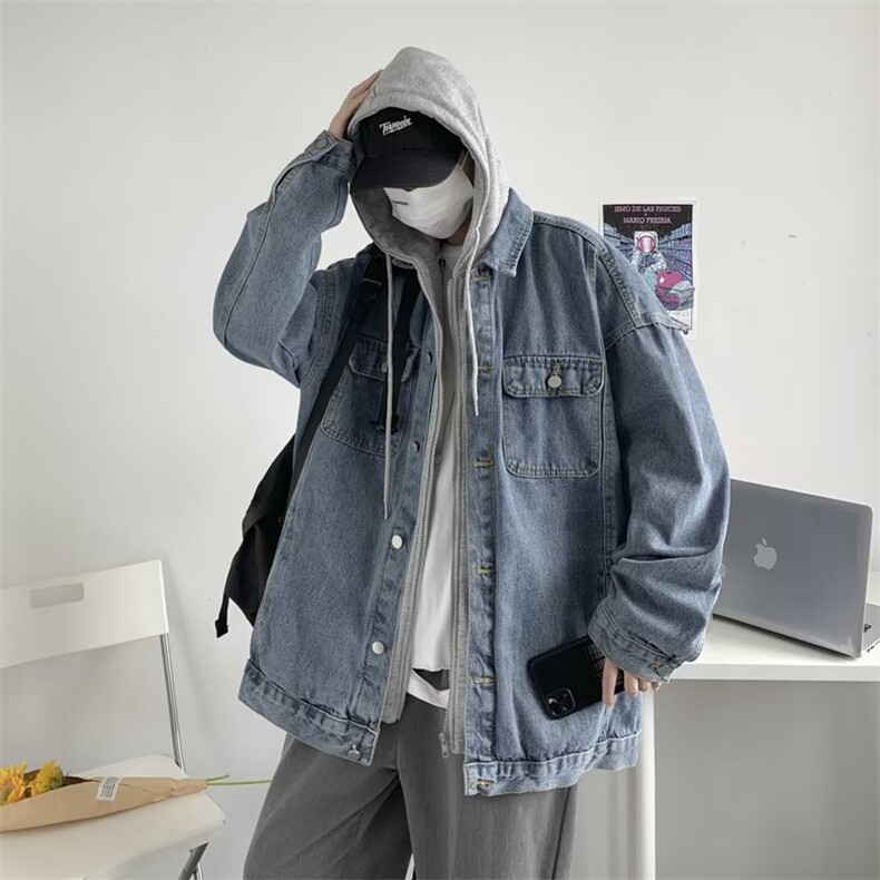 假两件牛仔外套男秋季高街连帽上衣服QJ14P75,男装夹克,星座1116-2
