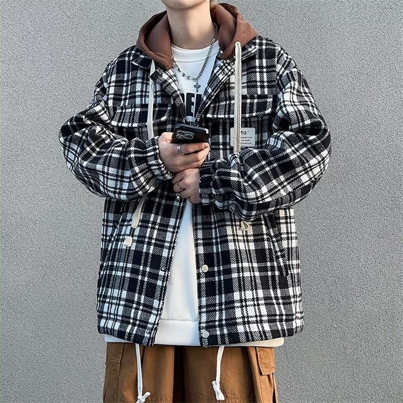 假两件外套男冬季加绒加厚格子夹克男连帽秋冬款上衣服毛呢W64,男装夹克,星座1116A-1（原606A）