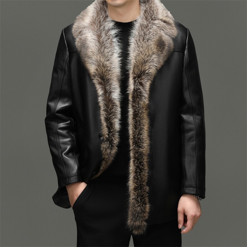 BG-F87168海宁男式山羊皮真皮皮衣男美洲貉内胆翻领夹克皮克服图片