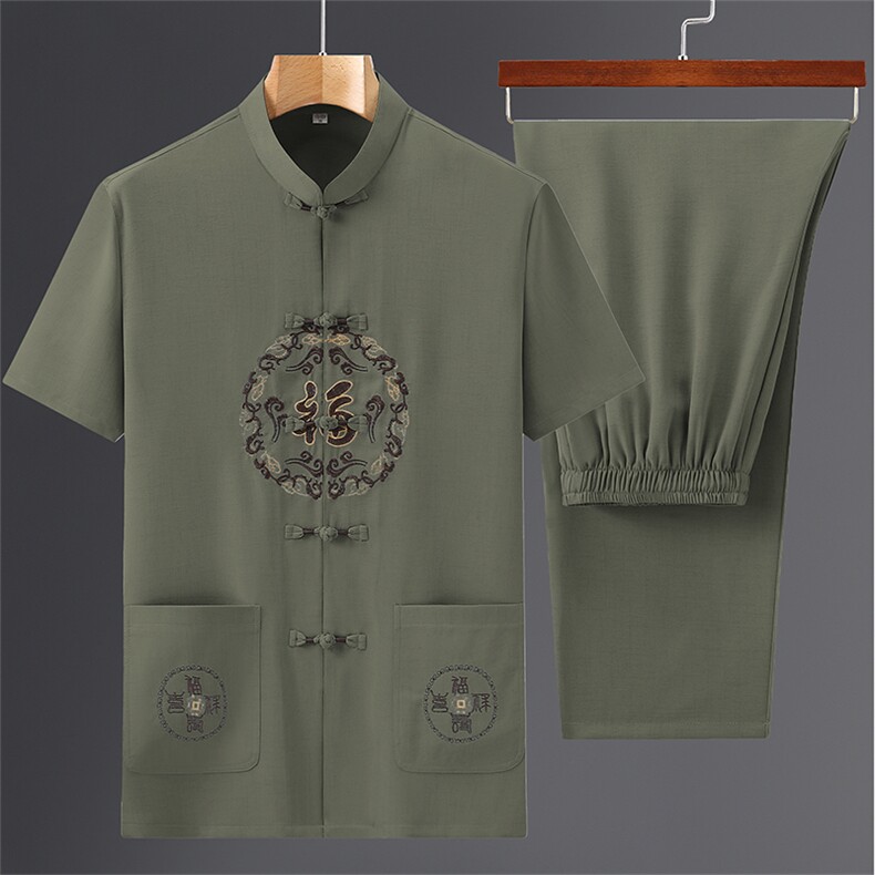 风男士套装衣服短袖唐装汉服夏季葫芦绣两件套t恤CM-P95,男装民族服装,星座1105-3