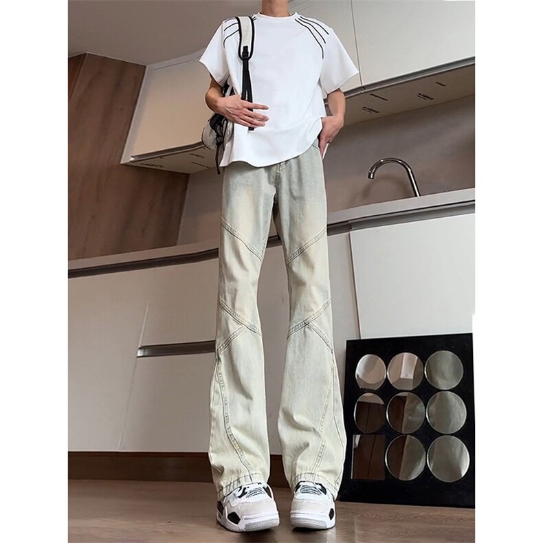 1506-1/KA2131/P43黄泥色弯刀牛仔t男拼接美式裤子微喇直筒男裤，男装休闲裤，星座1506-1