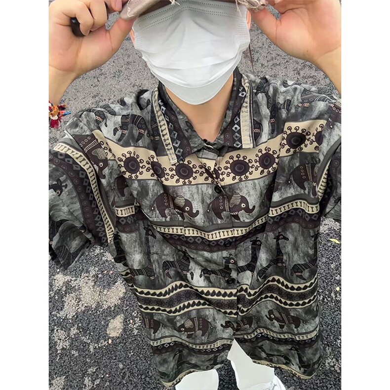美式夏威夷满印冰丝短袖衬衫男款夏季薄款高级感衬衣垂感度假外套图片