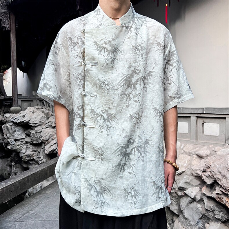 现货男士大码风衬衫风格竹叶印花短袖上衣cs35-p65控89,男装T恤,电商A021
