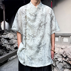 现货男士大码风衬衫风格竹叶印花短袖上衣cs35-p65控89，男装T恤，电商A021
