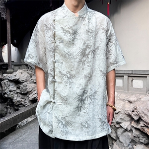 现货 男士大码风衬衫风格竹叶印花短袖上衣cs35-p65控89图片