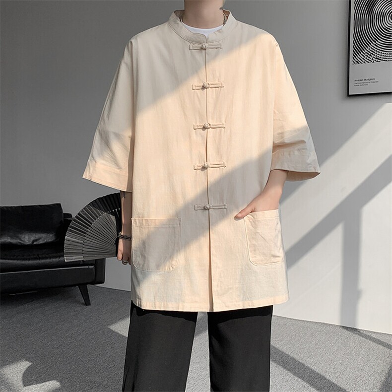 8XL-M新中式衬衫男中山装麻棉风复古中袖衬衣唐装CS527P60,男装衬衫,电商D206-1