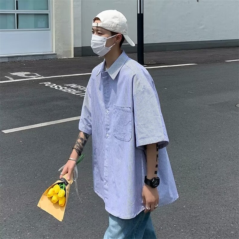 衬衫多口袋男文艺青春流行方领夏季潮新款时尚五分袖简约~CC110,男装衬衫,星座601-2