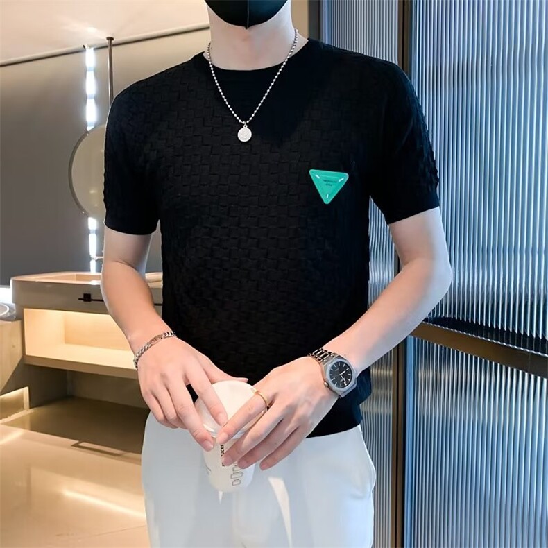 格子针织短袖男潮牌修身T恤夏季痞帅冰丝半袖潮流休闲体恤衫T3351,男装T恤,星座1116A-2（原606A-1）