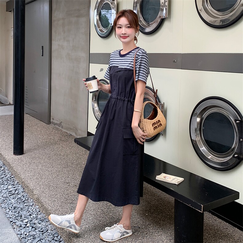 2025夏季新款设计感小众时髦显瘦拼接条纹工装裙夏薄女连衣裙,女装连衣裙,1C151