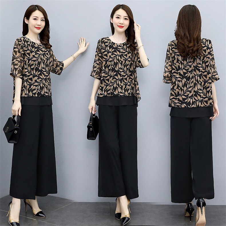 2022夏季新款时尚个性优雅气质圆领舒适休闲裤腿裤两件套，女装套装/套裙，魅影
