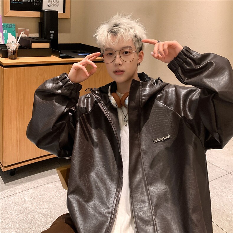 1鳄鱼纹连帽冲锋衣大码M-5XL面层：PU皮夹克男JK8744P90控128，男装夹克，星座226-2