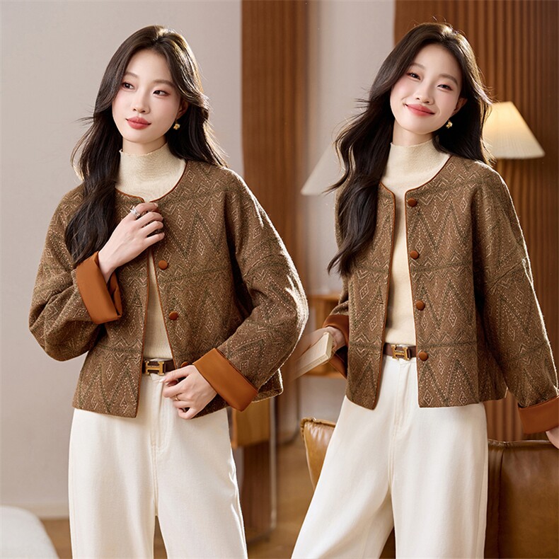 小香风复古刺绣短外套女2025秋季新款撞色拼接高级感百搭毛呢上衣,女装短外套,维一诺（1D095）