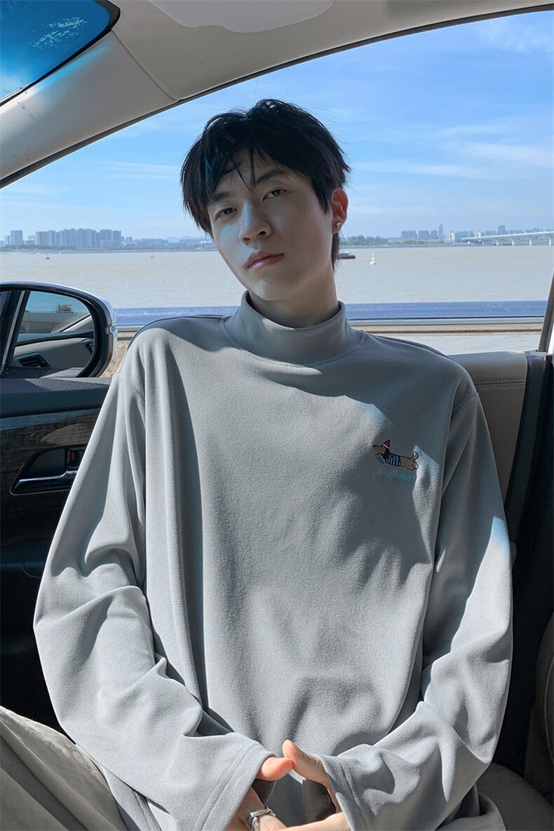 新款腊肠狗刺绣德绒半高领宽松打底衫长袖T恤男T5402-特P20控38,男装T恤,电商A001