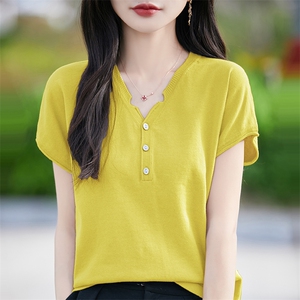 25夏季短袖女纯棉短款宽松V领T恤纯色三扣设计感针织半袖新款上衣图片
