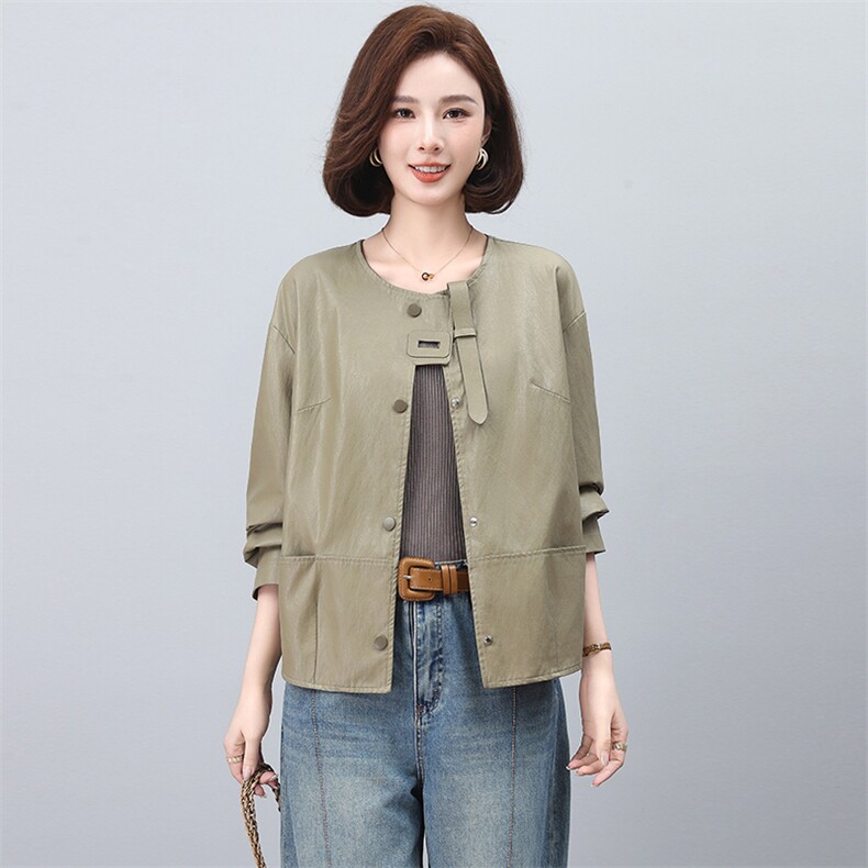 时尚春季女装PU皮衣宽松显瘦圆领水洗外套,女装皮衣,文熹诺