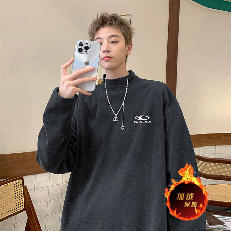 一件过冬重磅保暖针织衫德绒加绒加厚卫衣半高领打底长袖T恤DR80,男装T恤,电商A486