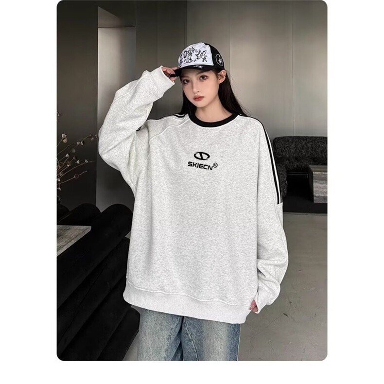 C22-P38条纹圆领卫衣女秋季新款美式复古oversize学院风,男装卫衣,电商B323A