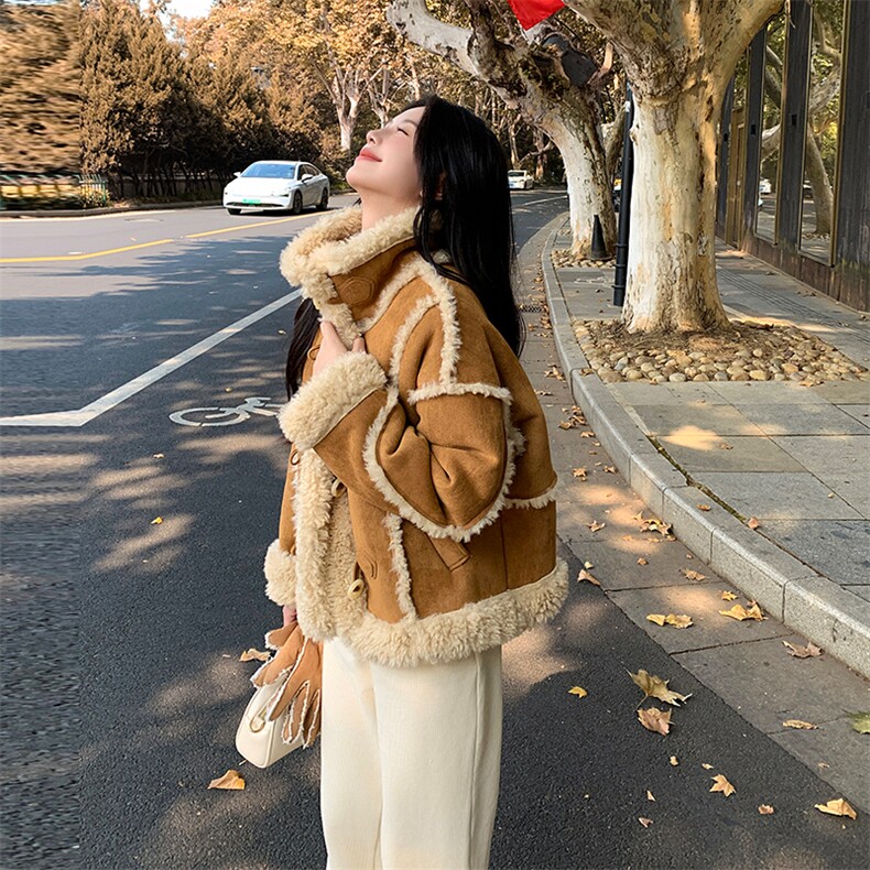 麂皮绒保暖上衣女冬羊羔毛一体皮毛外套,女装羊羔毛/颗粒绒,浙宝212A