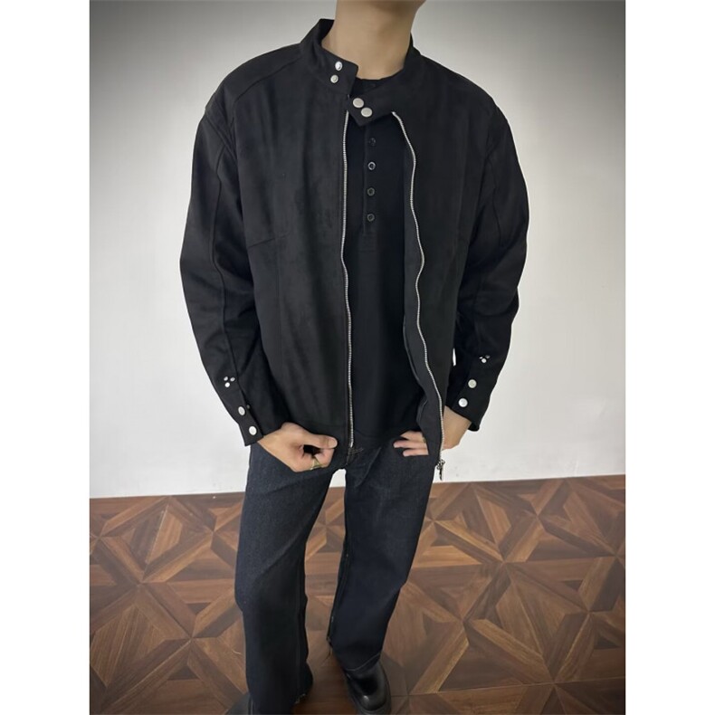 美式复古百搭新款棕色麂皮立领夹克双拉链春季短外套男女-Y312，男装夹克，星座601-1