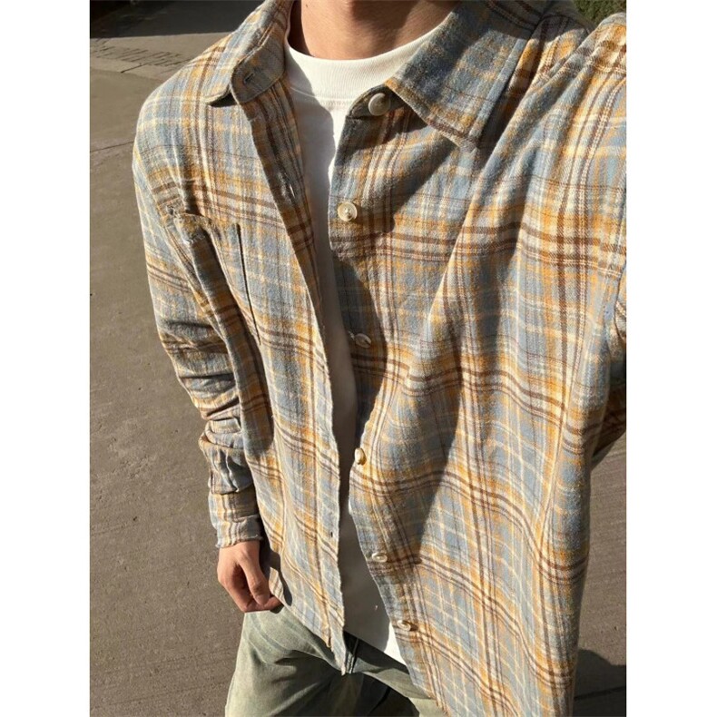 红色黄蓝色格子衬衫男女春宽松休闲情侣长袖衬衣外套K342-P45,男装衬衫,星座1007（原301D）