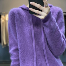 25秋冬新款100%纯羊毛连帽抽绳卫衣女宽松套头毛衣针织羊绒衫上衣，女装针织衫/毛衣，艾驰羊绒