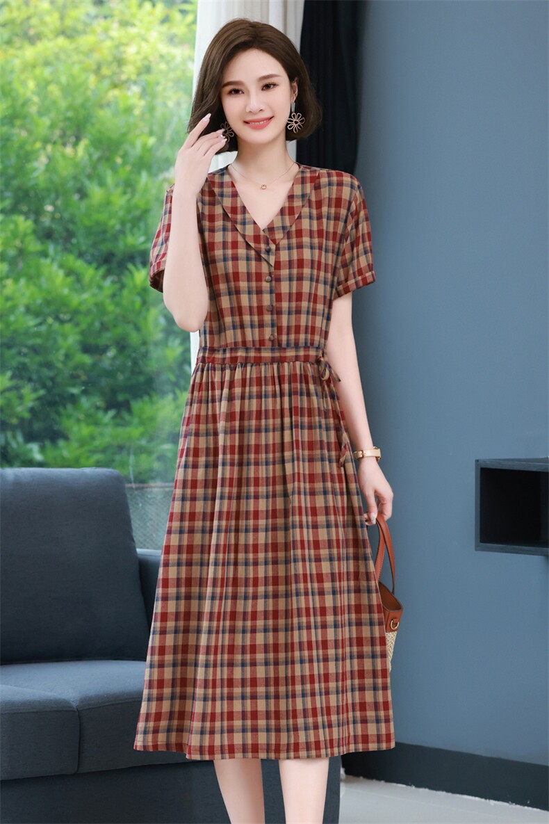 夏季新款纯棉收腰显瘦时尚百搭格子洋气中长款连衣裙983,女装连衣裙,简韵佳