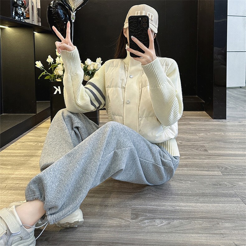 学院风女秋冬季新款短款针织拼接外套,女装棉衣/棉服,江南