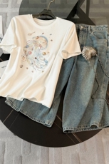 女夏新款休闲运动时尚套装百搭圆领短袖贝壳星星T恤牛仔裤两件套，女装套装/套裙，江南