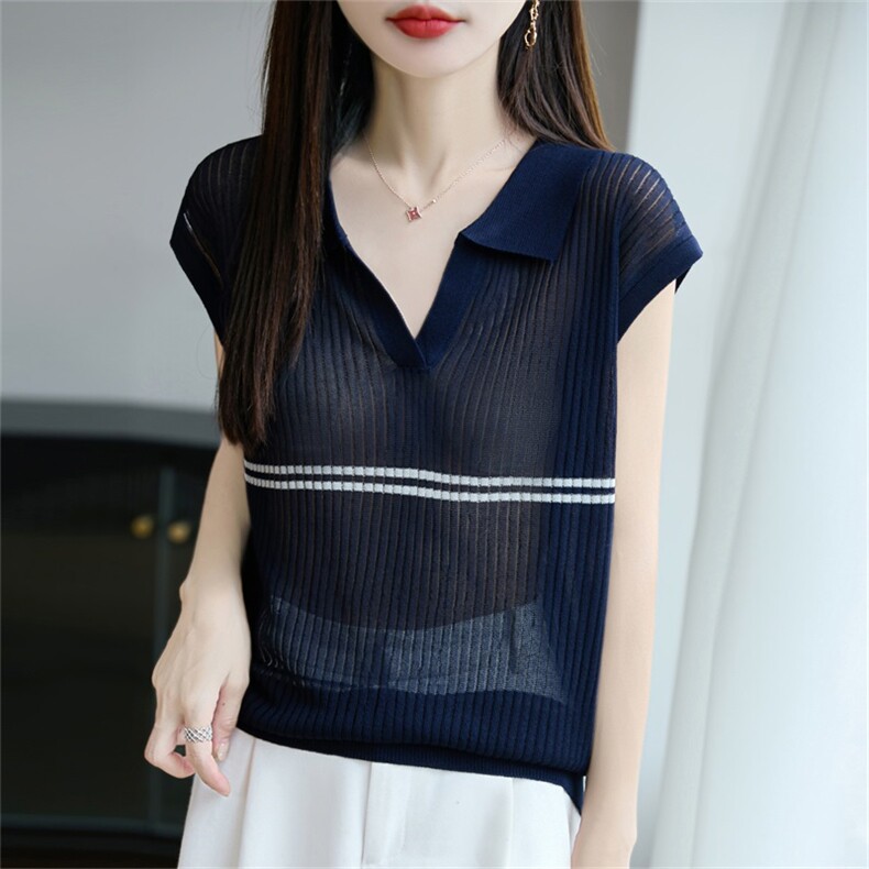 莱赛尔polo领针织小飞袖T恤女2025夏薄透气宽松短袖打底小上衣t恤，女装T恤，昭美羊绒