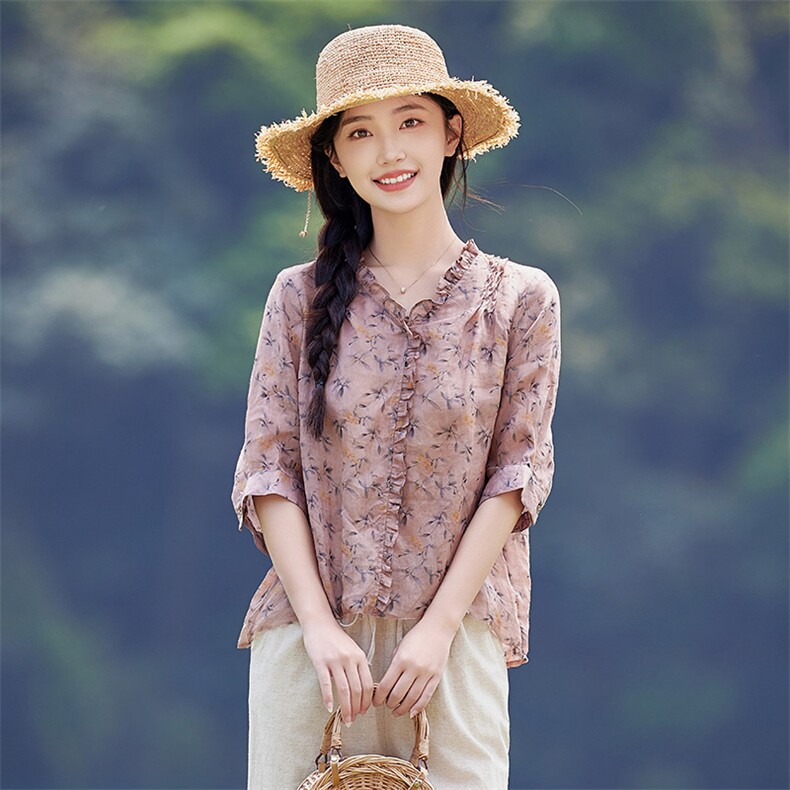 2026年夏季女短袖宽松薄苎麻,女装衬衫,江南依恋