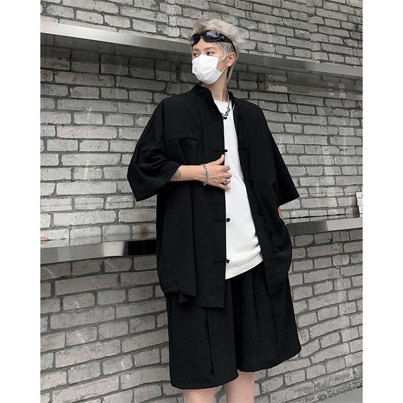 XZ2449-TP50不控价夏设计感小众中袖衬衫短裤男新中式休闲两件套，男装衬衫，电商A102-1