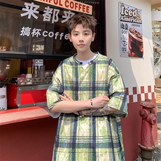 2026夏装美式扎染印花冰丝冰凉格子男五分袖T恤T5508/特P25绿3，男装T恤，电商A094