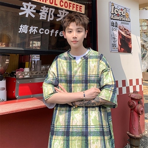 2026夏装美式扎染印花冰丝冰凉格子男五分袖T恤 T5508/特P25 绿3图片