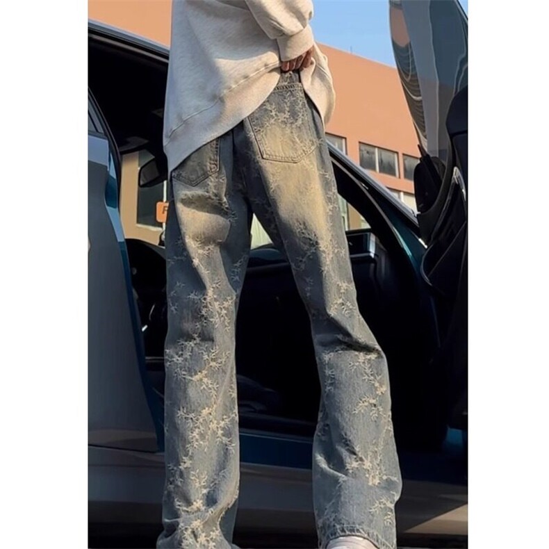 美式提花牛仔裤男初秋穿搭弯刀微喇裤潮牌痞帅炸街高级感vibe,男装牛仔裤,星座218-1（原230）