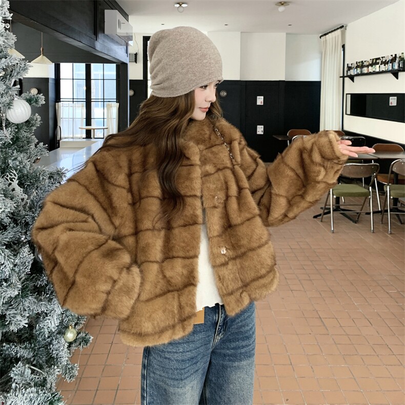 现货2B081-7705-P185-K268高端仿水貂立领皮毛一体外套,女装皮草,2B081