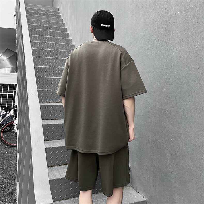 夏季休闲套装男美式潮牌运动痞帅双拉链设计感宽松短袖短裤两件套,男装休闲套装,星座410-7