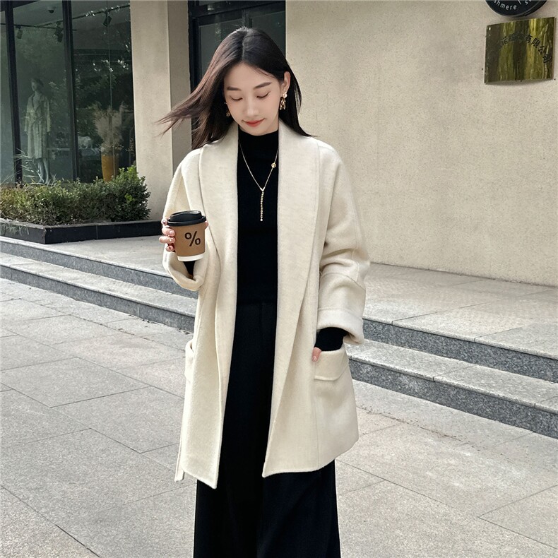 2025年秋季新款百搭女士带兜系带POLO领长袖中长款大衣，女装双面呢大衣，召鑫羊绒双面呢