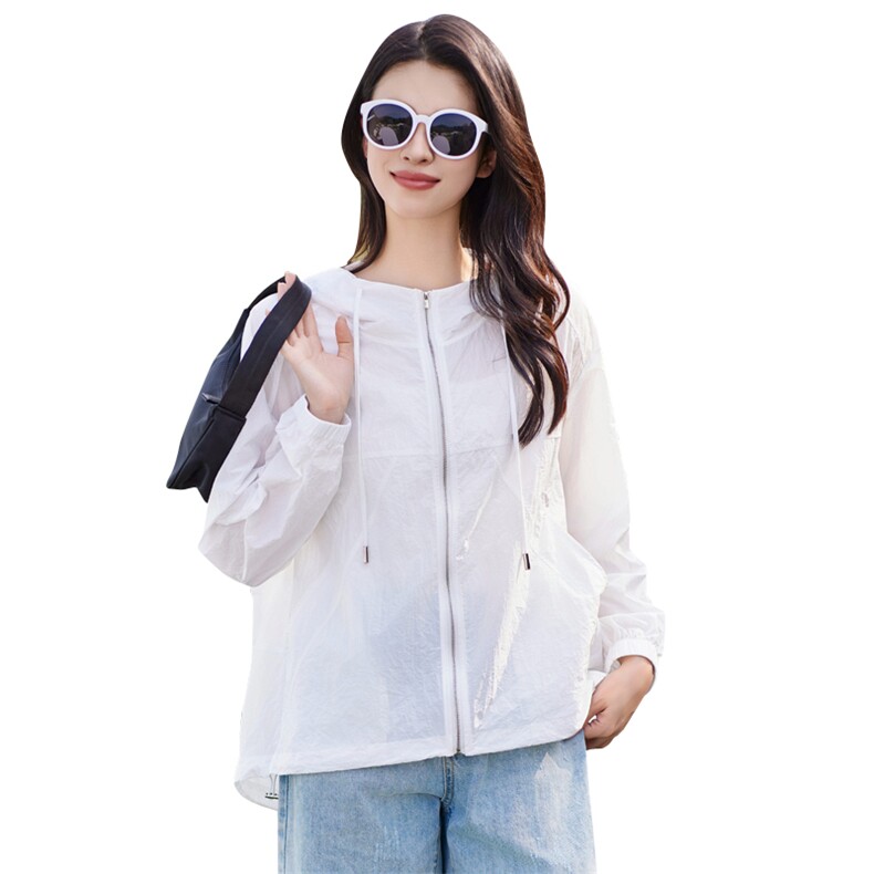 【现货】白色连帽防晒服女2024夏季清薄纯色凉感外套,女装防晒衣,梦懿尔
