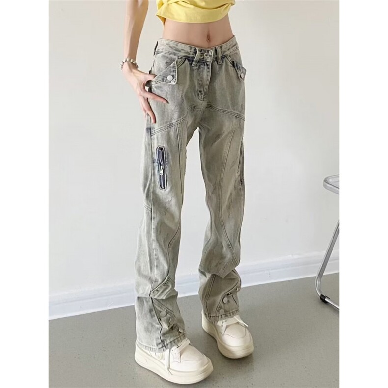 现货欧美式vibe风水洗不规则拉链黄泥牛仔裤女宽松显瘦直筒裤图片