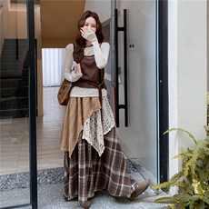 春秋装新款撞色假两件上衣+呢料格子裙两件套A2553-P185-K275，女装套装/套裙，2C261