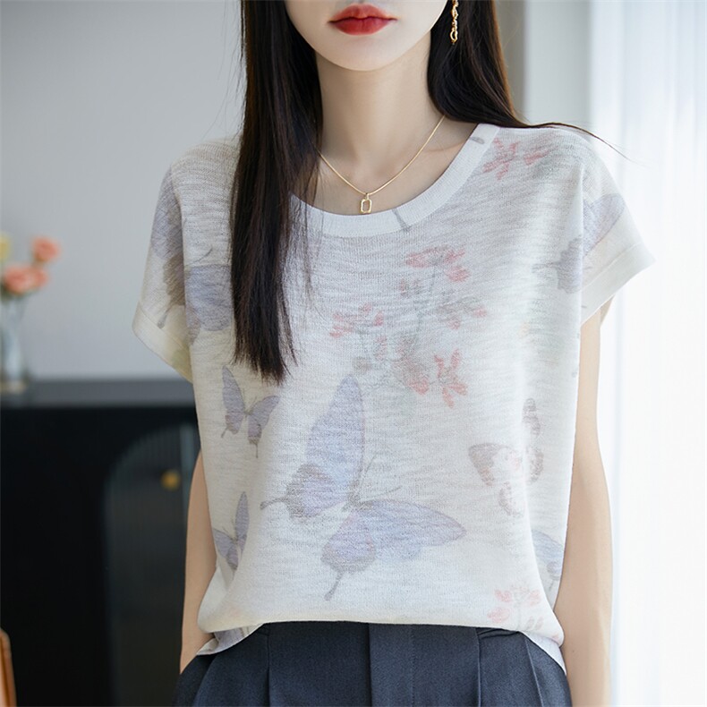 法式印花冰麻针织短袖T恤女2025夏薄透气宽松显瘦上衣小飞袖t恤衫,针织衫/毛衣,郡淞羊绒